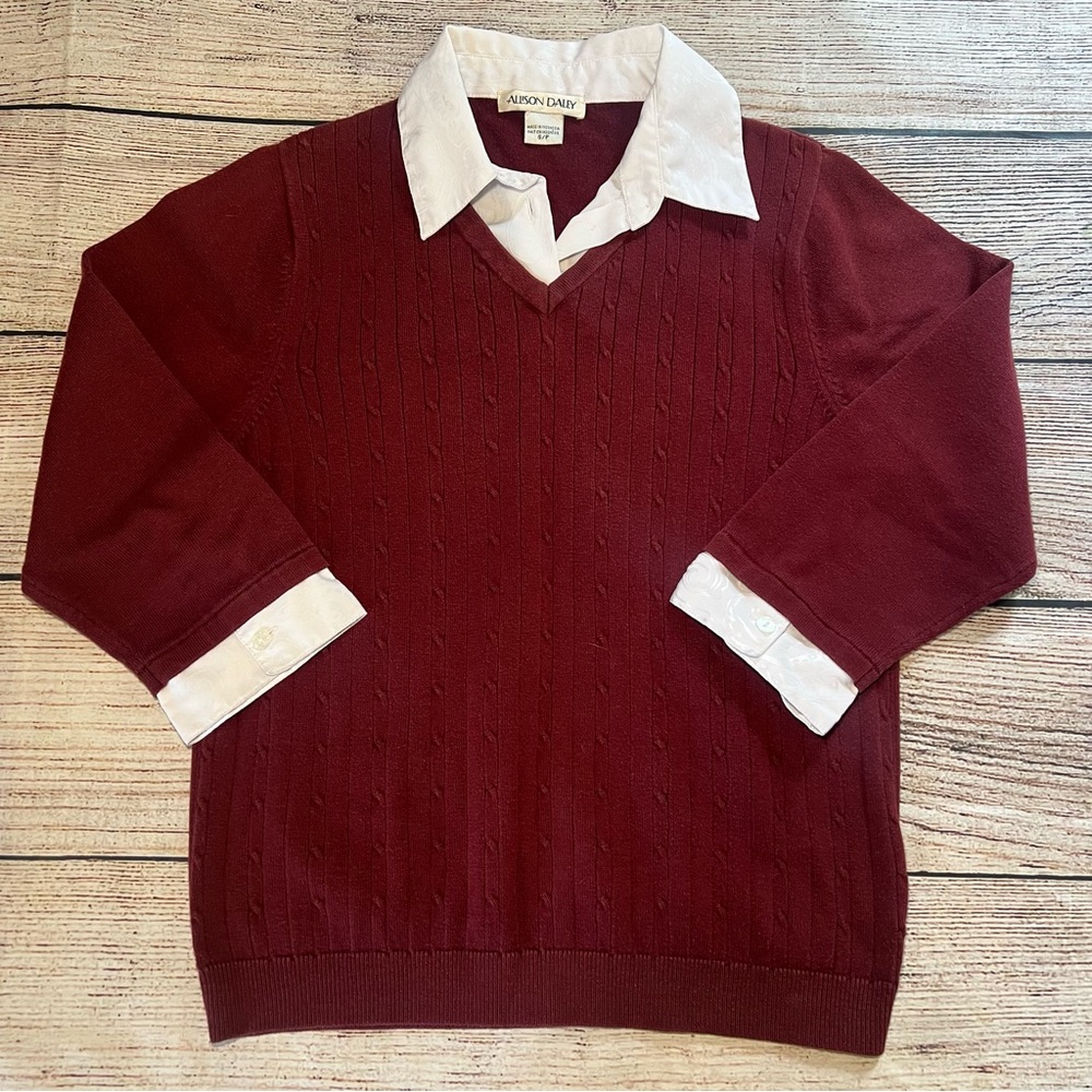 Vintage 90s Academia Sweater Top Womens Small Red Knit Preppy Fall Collared Y2k